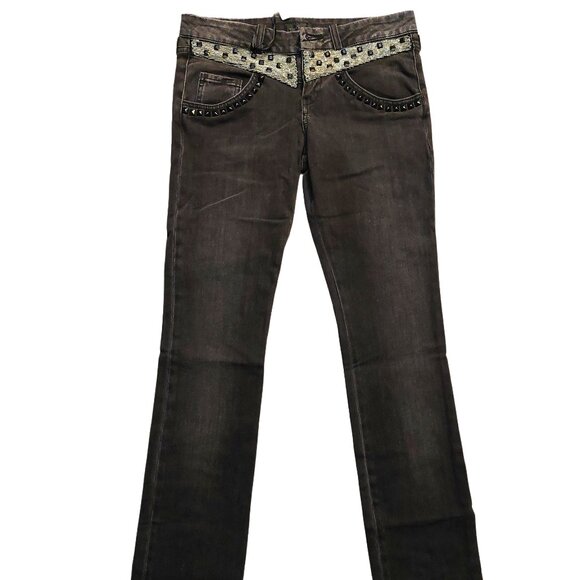 John Richmond Silver Black Studs & Chain Detail on Black Washed Denim Jeans 27 - Picture 1 of 16
